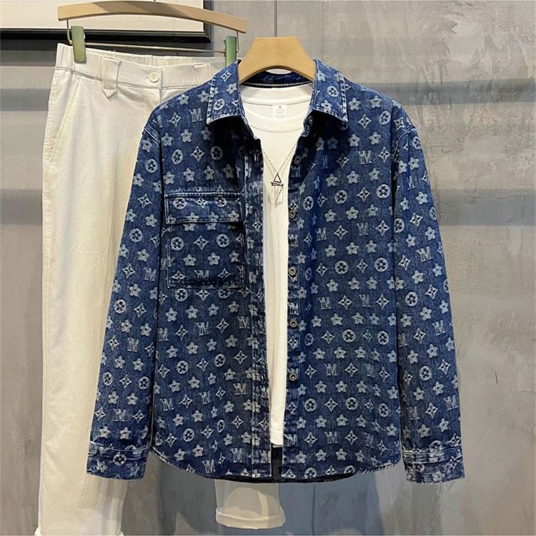 Men's Summer Fashion Loose Fit Gradient Rainbow Floral Denim Short Sleeve Shirt Trendy Casual Style For Men_mkmklike.com