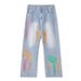 Men's Clothing Spring High Street Graffiti Wide Leg Jeans Loose Straight Leg Drape Trendy Pants_mkmklike.com