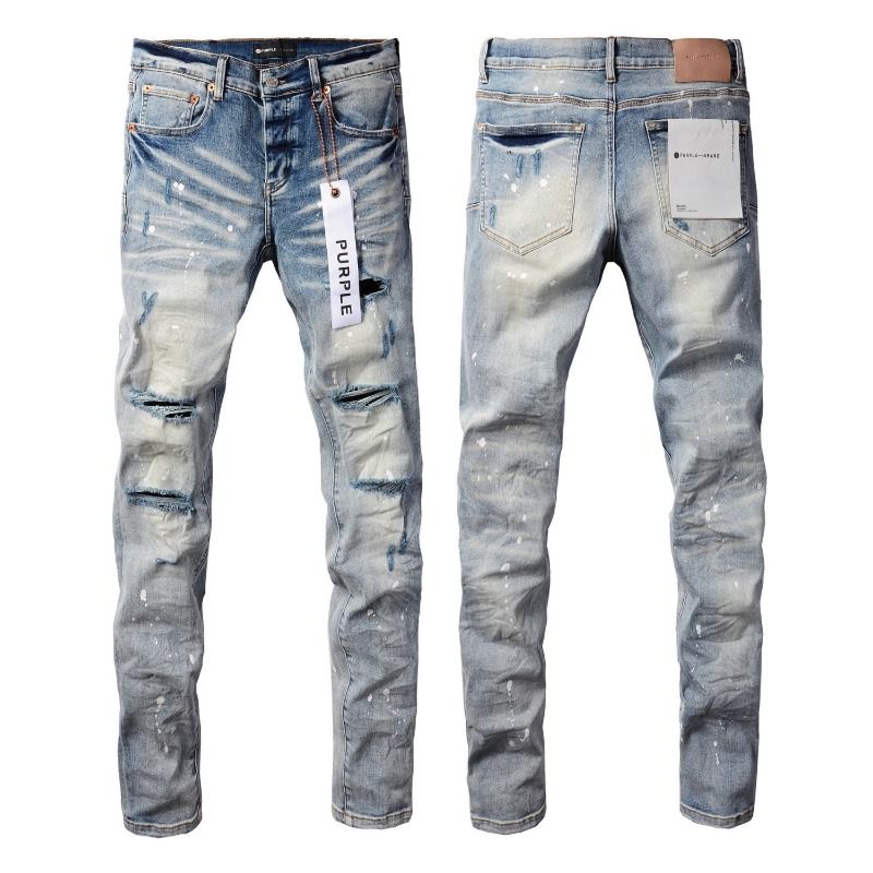 Men Women Y2K Stacked Flared Jeans, Light Blue Snow Wash With Multiple Frayed Rips & White Splatter Accents, Cool & Breathable For Summer_mkmklike.com