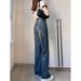 American Retro Washed Blue Micro-flared Jeans For Women, Spring High-waisted Slimming Straight Elastic Wide-leg Long_mkmklike.com
