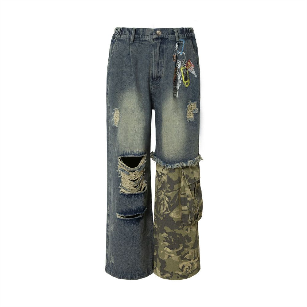 Heavy-duty Washed Distressed Jeans For Men Punk Design Irregular Camouflage Patchwork Loose Straight Pants Trendy_mkmklike.com