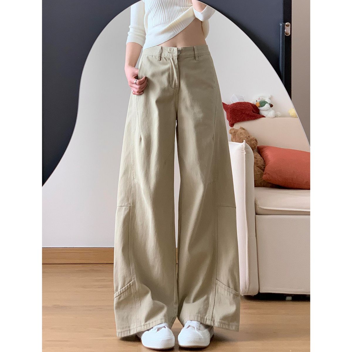 Women's Khaki Straight Leg Jeans Casual Versatile Relaxed Fit Slimming Wide Leg Pants New Spring Style_mkmklike.com