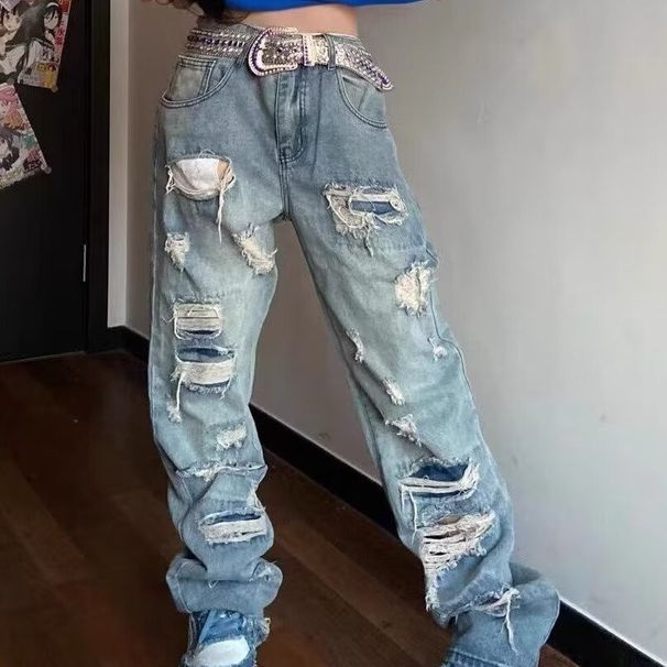 Men's High Street Hip Hop Washed Denim Jeans Cross Border Style Ripped Knees Casual Loose Straight Leg Trousers_mkmklike.com