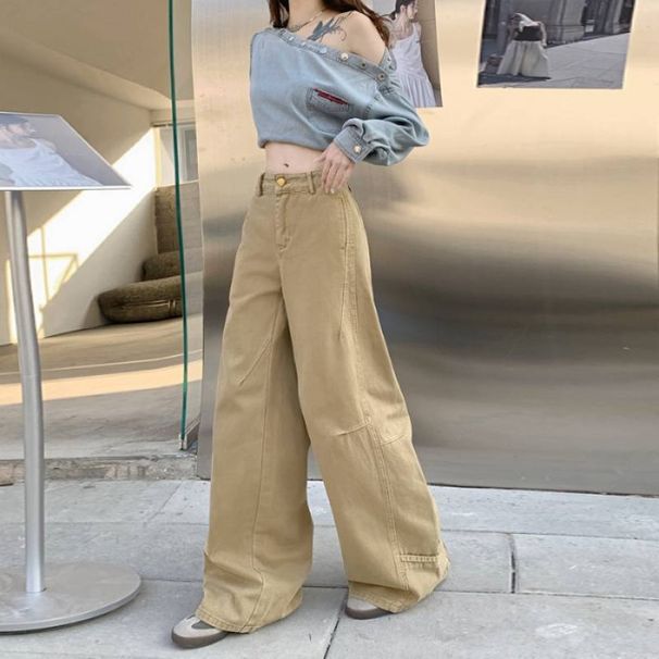 Wholesale American Retro Women's Jeans With A Unique Design, Patchwork Khaki Loose Wide-leg Straight Pants_mkmklike.com