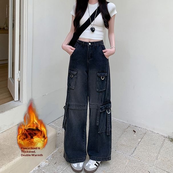 Clair Foreign Trade Cross-Border Fleece-Lined Thickened Multi-Pocket Cargo Jeans For Women, Autumn And Winter High-Waisted_mkmklike.com
