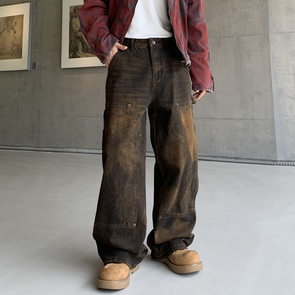 Men's Distressed Patchwork Denim Jeans - Vintage Brown High Street Style, Loose Fit Workwear Pants For Casual Streetwear_mkmklike.com