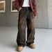 Men's Distressed Patchwork Denim Jeans - Vintage Brown High Street Style, Loose Fit Workwear Pants For Casual Streetwear_mkmklike.com