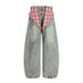 Vintage Washed Plaid Patchwork Scimitar Jeans Men's Trendy Hip-Hop Design Sense Personality Oversized Wide-Leg Pants_mkmklike.com