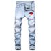 Men's Slim Fit Stretch Jeans Light Blue Denim Pants Comfortable Casual Trousers Everyday Wear with Embroidered Rose_mkmklike.com