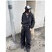 Unisex Black Raw Denim Curved Silhouette Jeans Button down American Style Loose Wide Leg Trendy Long Pants Versatile_mkmklike.com
