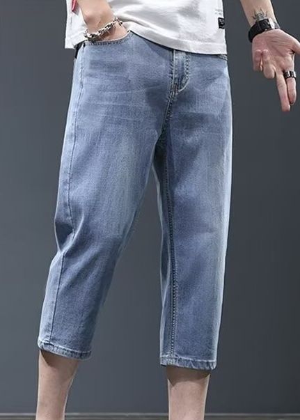 Men's Stretch Denim Shorts - Summer Lightweight Relaxed Fit Mid-Thigh Cargo Jeans With Button Fly (Black, Grey, Blue Wash)_mkmklike.com