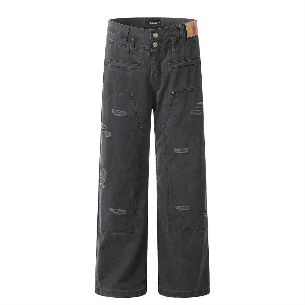 Unique Design Double-Cuff High-Waist Denim Pants Men's Punk Trend Washed Ripped Loose Straight-Leg Trousers_mkmklike.com