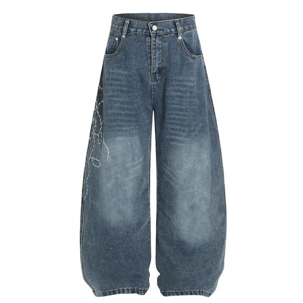 Trendy High Street Letter Print Scimitar Jeans Men's Cargo Washed Vintage Loose Wide-Leg Floor-Length Pants_mkmklike.com