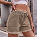 The new elastic waist drawstring casual high waist wish raw edge denim shorts female trend_mkmklike.com