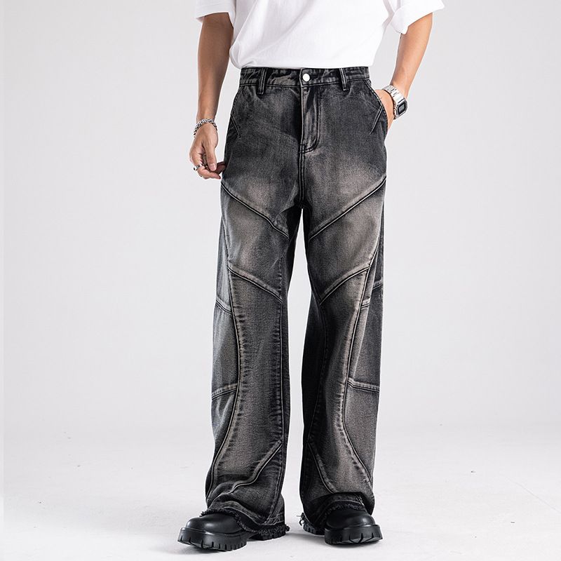 Men's American Vintage Heavy-Duty Distressed Jeans, Structural Patchwork Design With Premium Washed Finish, Straight Leg Casual Denim Pants_mkmklike.com