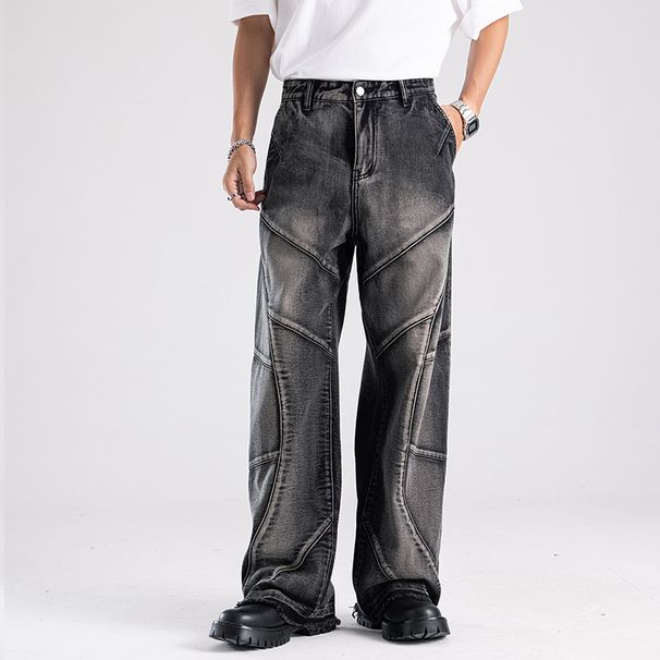 Men's American Vintage Heavy-Duty Distressed Jeans, Structural Patchwork Design With Premium Washed Finish, Straight Leg Casual Denim Pants_mkmklike.com