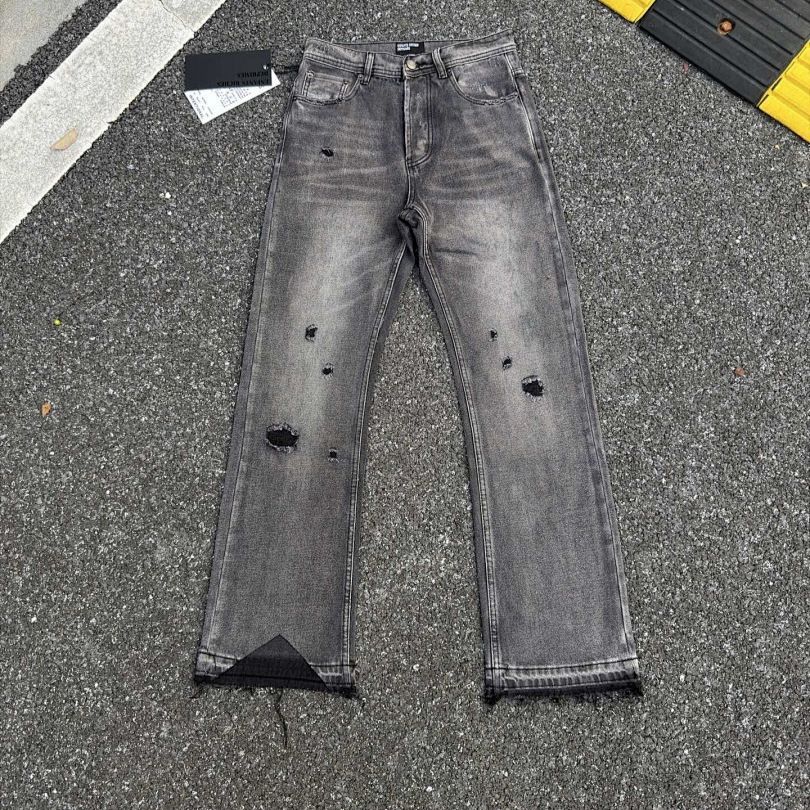 Unisex Flared Five Pocket Jeans ERD Melancholy Rich Second Generation Logo Patch Washed Zipper Blue Standard Thickness mid Waist Long Length_mkmklike.com