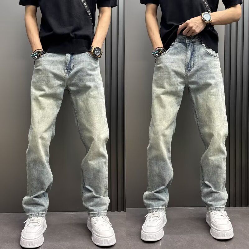 Autumn New Washed And Old Light Blue Jeans Men's Loose Straight Trousers Diagonal Pockets Simple High Street Trousers_mkmklike.com