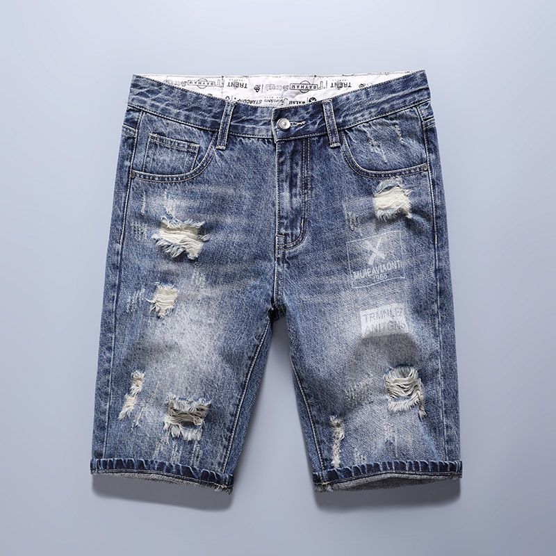 Men's Clothing Worn And Ripped Denim Shorts Youth Comfortable Slim Fit Simple Denim Shorts_mkmklike.com