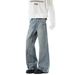 Men's High Street Lightning Wash Flared Jeans - Vintage Denim Wide Leg Trousers With Asymmetric Zip For Casual Streetwear_mkmklike.com