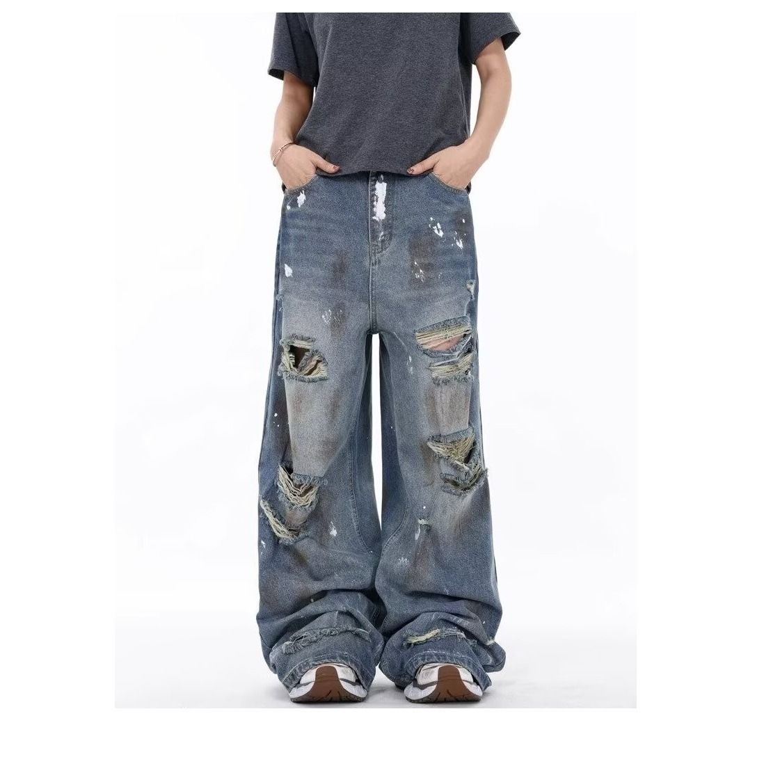 Vintage Washed Distressed Carpenter Jeans For Men & Women - High Waisted Straight Leg Baggy Denim Pants With Raw Hem_mkmklike.com