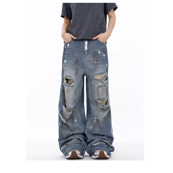 Vintage Washed Distressed Carpenter Jeans For Men & Women - High Waisted Straight Leg Baggy Denim Pants With Raw Hem_mkmklike.com