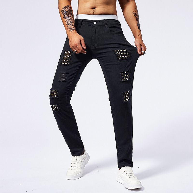 Men's Clothing Black Rivet Distressed Jeans Small Straight Slightly Stretch Jeans Foreign Trade Hot Selling Jeans Wholesale Customization_mkmklike.com
