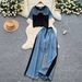 Women's Clothing Fashion Suit Summer Retro Short Sleeved Splicing Casual Tops High Waist Denim Wide Leg Pants Two Piece Suit_mkmklike.com