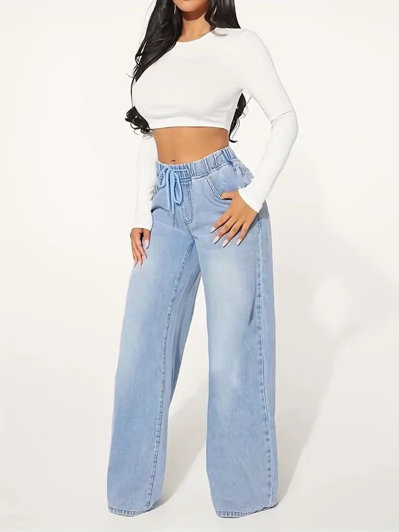 Women's Clothing Women's Denim High Waist Drawstring Loose Wide Leg Light Blue Jeans Women's JEANS_mkmklike.com