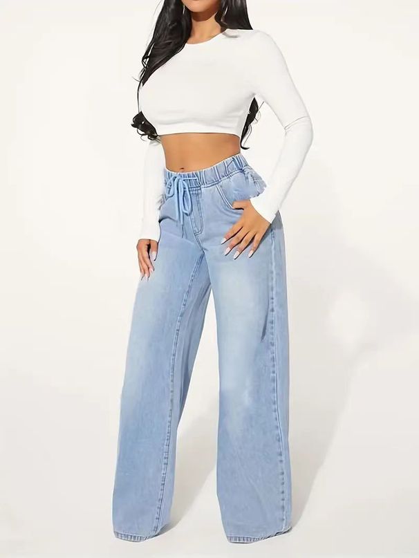 Women's Clothing Women's Denim High Waist Drawstring Loose Wide Leg Light Blue Jeans Women's JEANS_mkmklike.com