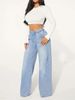 Women's Clothing Women's Denim High Waist Drawstring Loose Wide Leg Light Blue Jeans Women's JEANS_mkmklike.com