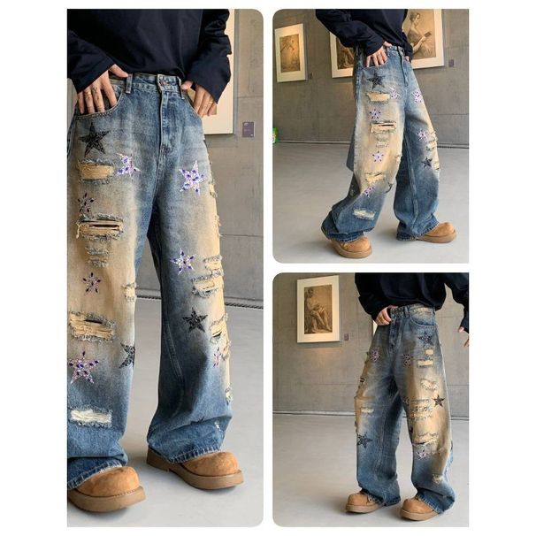 Men's Clothing Rhinestone Ripped Jeans Unisex Vintage Star-Studded Distressed Jeans – Unisex Baggy Straight-Leg Pants (L-XXXL) | Retro Washed Blue_mkmklike.com