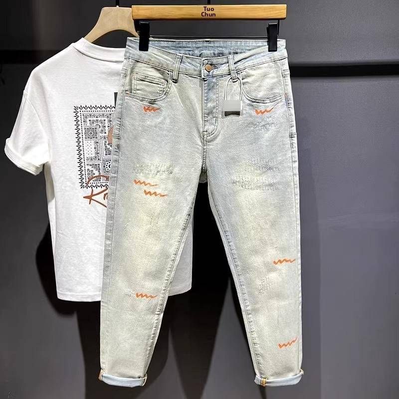 Spring Collection Light Korean Style Slim Fit Cropped Jeans For Short Men Trendy Printed 9/10 Denim Jeans Mid Waist Wide Leg Pants_mkmklike.com