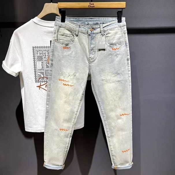 Spring Collection Light Korean Style Slim Fit Cropped Jeans For Short Men Trendy Printed 9/10 Denim Jeans Mid Waist Wide Leg Pants_mkmklike.com