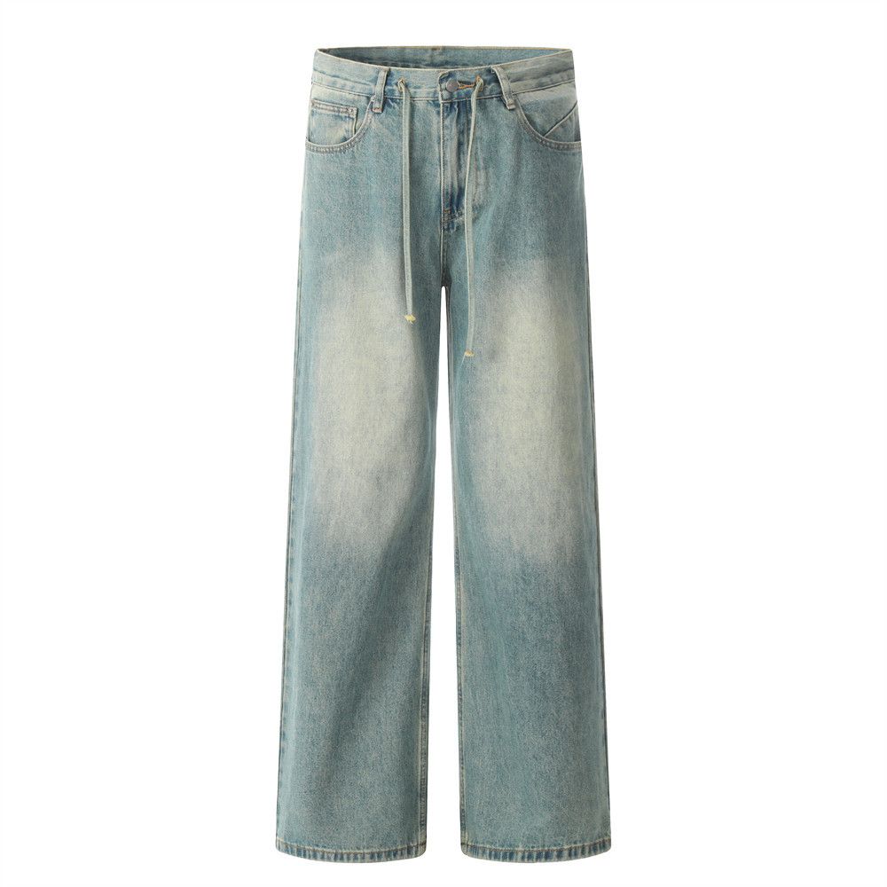 Washed Vintage Wide-Leg Jeans For Men, Street Punk Design, Pocket Personality Loose Straight Pants_mkmklike.com