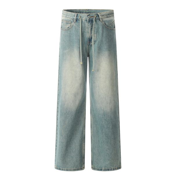 Washed Vintage Wide-Leg Jeans For Men, Street Punk Design, Pocket Personality Loose Straight Pants_mkmklike.com