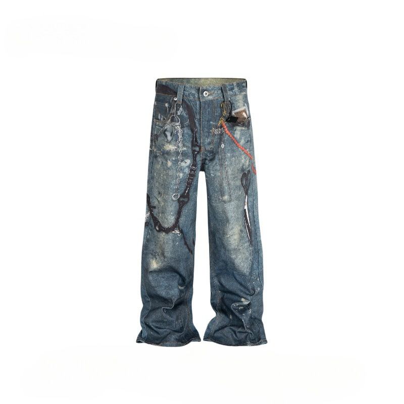 Unisex Loose Straight Leg Washed Denim Jeans 3D Scissor Digital Print American Street Retro Style_mkmklike.com
