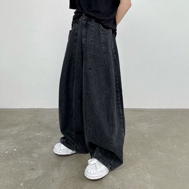 Men's Retro Washed Wide Leg Jeans Loose Fit Flowing Long Pants Korean Style Trendy Casual Spring Summer_mkmklike.com