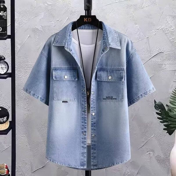 Men's Clothing Washed Gradient Denim Shirt Top Jacket Loose Casual Lapel Short Sleeved Shirt_mkmklike.com