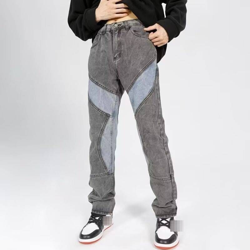 Vintage Washed Distressed Jeans For Men – High-Street Style, Patchwork & Relaxed Straight Fit (S-XXXL, Charcoal Grey)_mkmklike.com