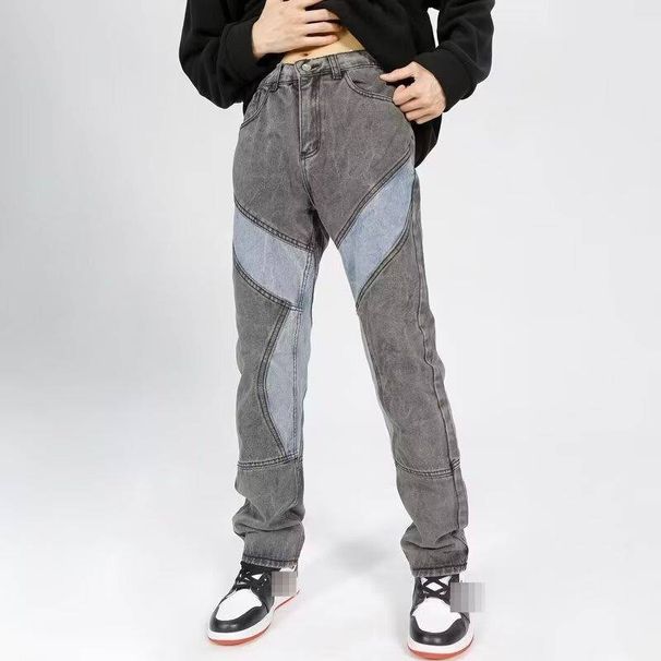 Vintage Washed Distressed Jeans For Men – High-Street Style, Patchwork & Relaxed Straight Fit (S-XXXL, Charcoal Grey)_mkmklike.com