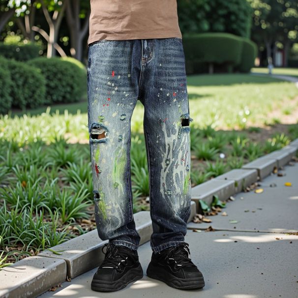 Men's High-Street Distressed Paint-Splatter Jeans – Ripped & Washed, Straight-Leg Relaxed Fit (Sizes 28-38, 80% Cotton Stretch, Vintage Blue)_mkmklike.com
