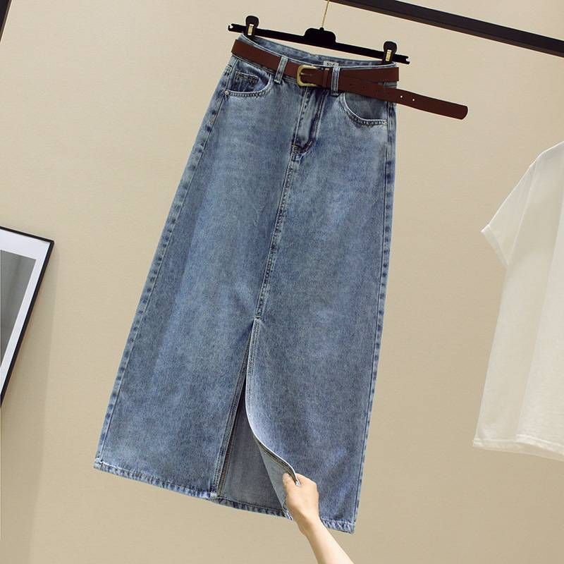 "High Waist Denim Skirt With Side Slit - Retro Light Blue Stretch Jean Pencil Skirt For Women, Mid-Length Slim Fit Summer Skirt"_mkmklike.com
