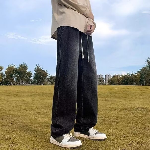 Men's Washed Denim Pants – Relaxed Fit Straight-Leg Casual Jeans With Drawstring Waist_mkmklike.com