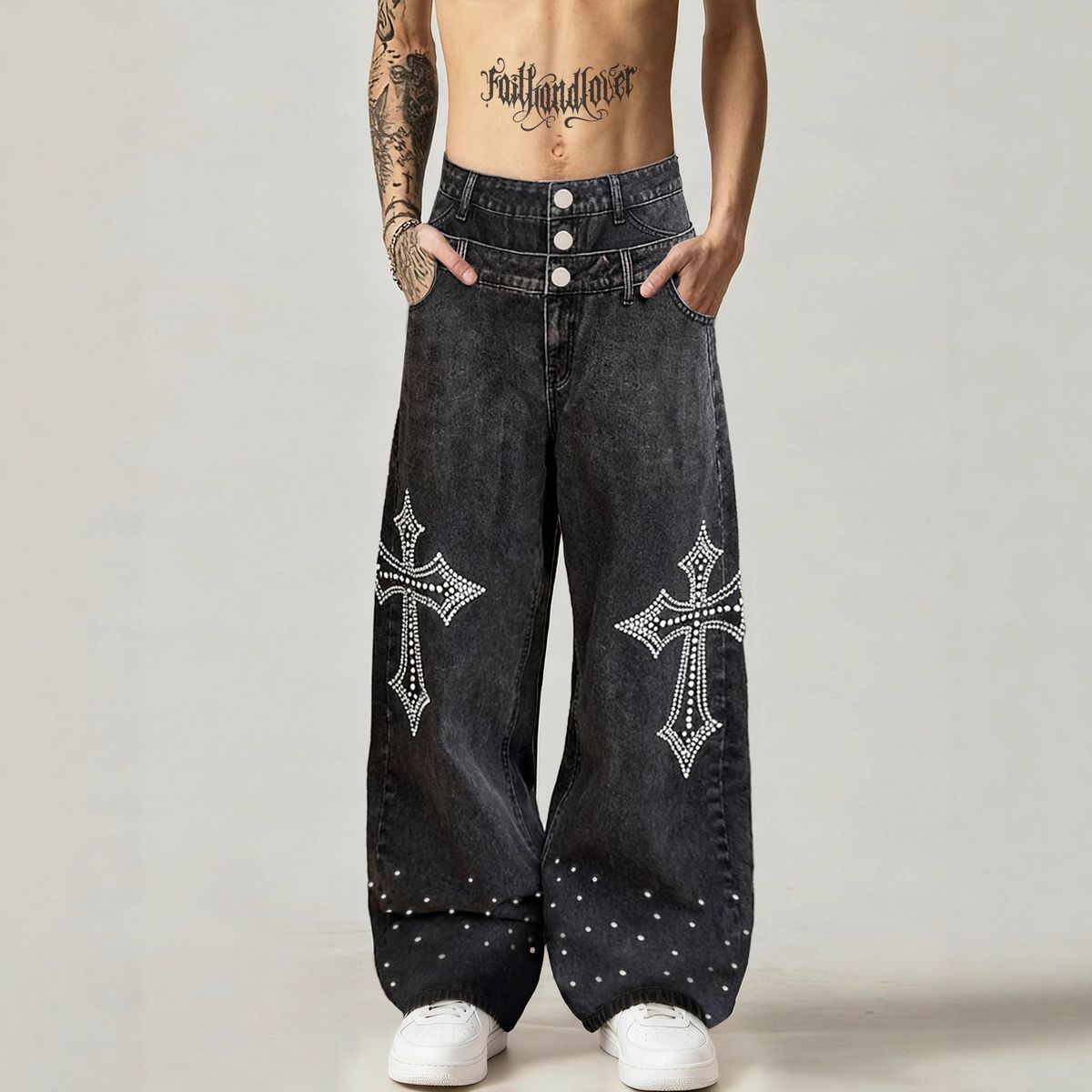 Men's Double Waist Trendy Rhinestone Detail High Quality European American Style Loose Long Pants Black_mkmklike.com