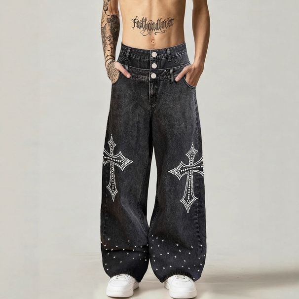 Men's Double Waist Trendy Rhinestone Detail High Quality European American Style Loose Long Pants Black_mkmklike.com