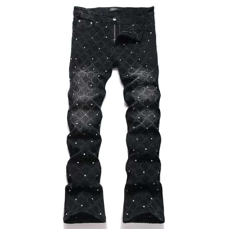 European Station American Style Trendy Brand New Black Gray Washed Scratched Patch Paint Graffiti Stretch Slim Fit Jeans_mkmklike.com