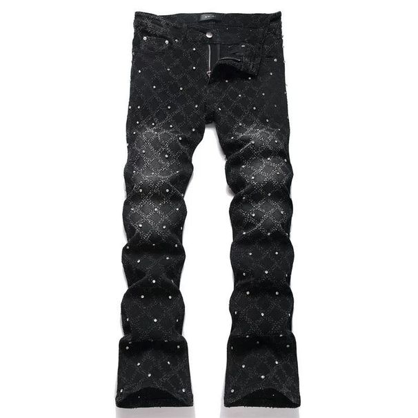 European Station American Style Trendy Brand New Black Gray Washed Scratched Patch Paint Graffiti Stretch Slim Fit Jeans_mkmklike.com