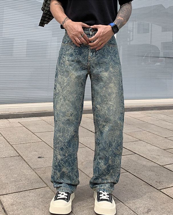 Men's Trendy Washed Straight Leg Jeans Unique Jacquard Pattern High Street Style Loose Fit American Retro Cool Versatile_mkmklike.com