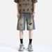 "Men's Vintage Distressed Denim Shorts – Retro High-Waisted Loose Fit (Streetwear, 5-Pocket Design, Breathable Cotton, Urban Casual Style)"_mkmklike.com